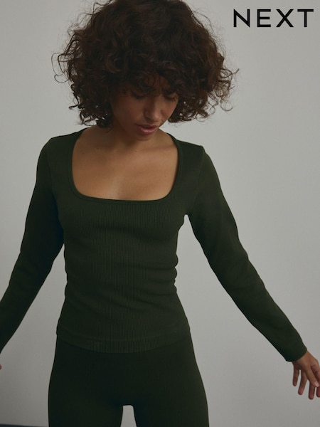 Forest Green Scoop Ribbed Long Sleeve Top (E59999) | £20
