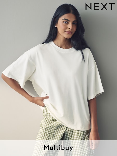 White Oversized Relaxed Fit Boxy Heavyweight Crew Neck T-Shirt (E60003) | £12