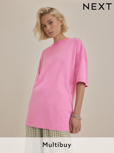 Bright Pink 100% Cotton Relaxed Fit Heavyweight Longline Crew Neck T-Shirt (E60006) | £13