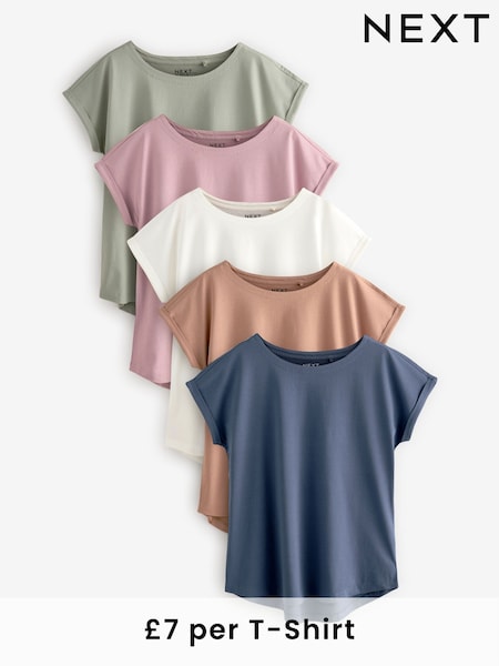 Ecru/Taupe/Brown/Blue/Yellow Cap Sleeve 100% Cotton T-Shirts 5 Pack (E60025) | £35