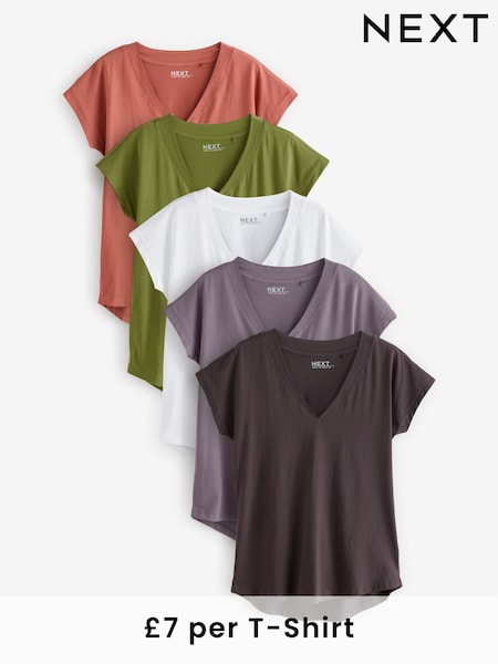 White/Grey/Khaki/Rust/Brown V-Neck Cap Sleeve 100% Cotton T-Shirts 5 Pack (E60026) | £35