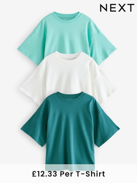Teal/Ecru/Blue Boxy Oversized Relaxed Fit Heavyweight Crew Neck T-Shirt (E60030) | £37