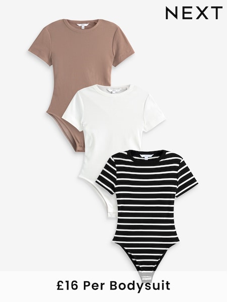 White/Brown/Monochrome Ribbed T-Shirt Bodysuits 3 Pack (E60041) | £48