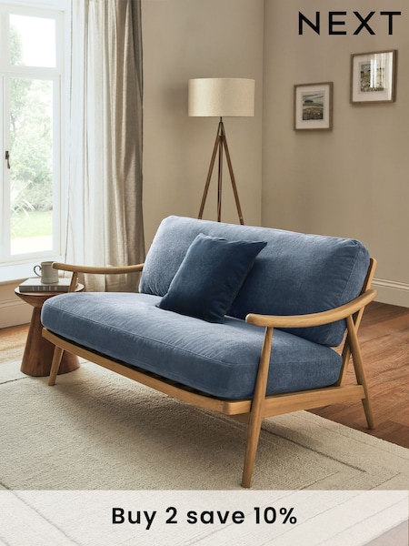 Fine Chenille Granite Blue, Light Oak Effect Frame Hampton Petite Sofa (E60689) | £625