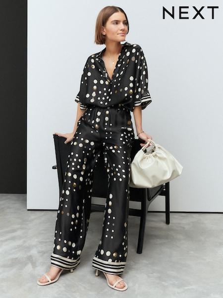 Black Spot Wide Leg Satin Trousers (E60731) | £46