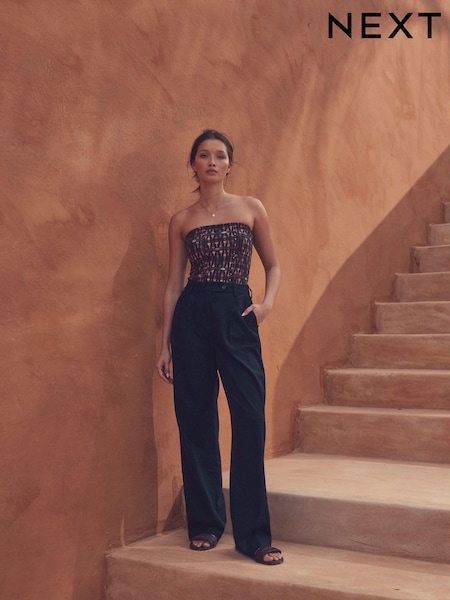 Navy Stay Smart Wide Leg Linen Rich Trousers (E60773) | £36