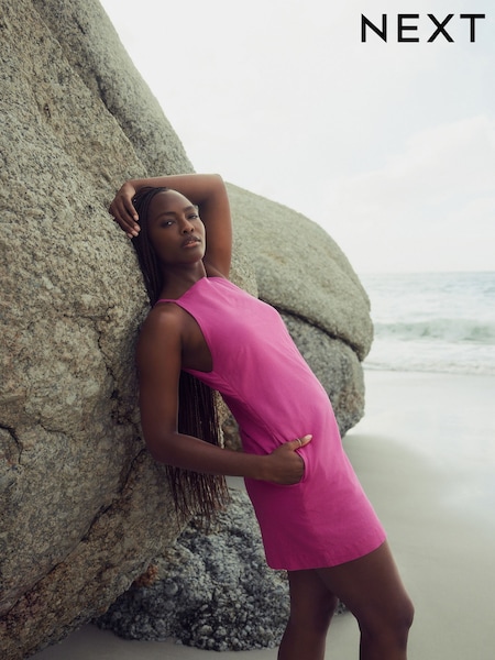 Bright Pink Mini Sleeveless Racer Stretch Linen Blend Dress (E61189) | £34