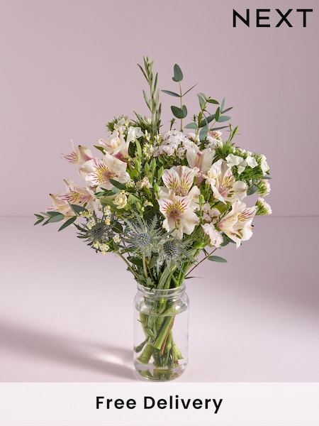 White Alstroemeria Fresh Flower Bouquet With Wrapped Glass Vase (E61195) | £23