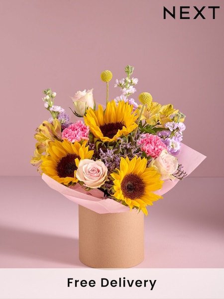 Pastel Rose and Sunflowers Fresh Flower Bouquet in Hatbox (E61203) | £35