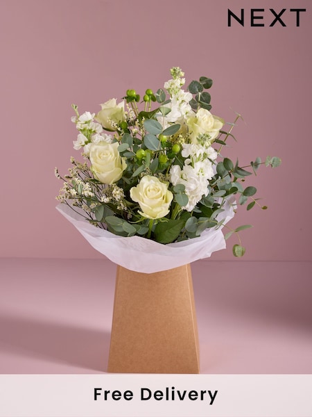 White Rose and Mathiola Fresh Flower Bouquet in Gift Bag (E61206) | £30