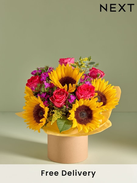 Bright Sunflower and Rose Fresh Flower Bouquet in Hatbox (E61207) | £35