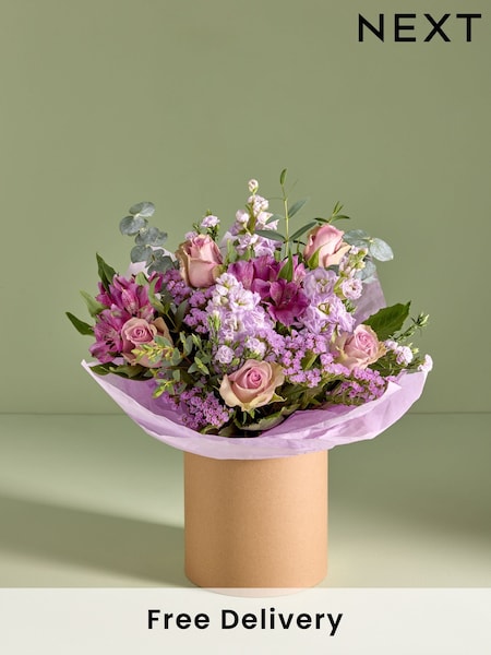 Lilac Purple Rose and Mathiola Fresh Flower Bouquet in Hatbox (E61209) | £35