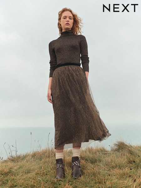 Leopard Print Mesh Tulle Midi Skirt (E61221) | £50
