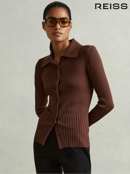 Reiss Maroon Jenna Ribbed Knitted Shirt (E61249) | £48