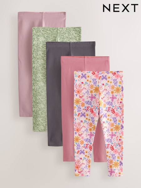 Pink/Green/Floral Leggings 5 Pack (3-16yrs) (E61329) | £20 - £28