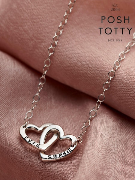 Sterling Silver Personalised Double Heart Names Necklace by Posh Totty Designs (E61436) | £65