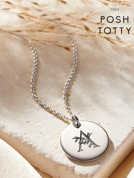 Floral Engraved Initial Disc Necklace by Posh Totty Designs (E61439) | £55