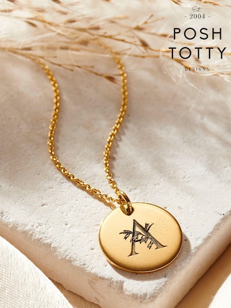 Floral Engraved Initial Disc Necklace by Posh Totty Designs (E61446) | £65
