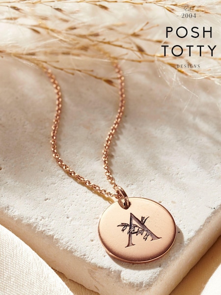 Floral Engraved Initial Disc Necklace by Posh Totty Designs (E61448) | £65