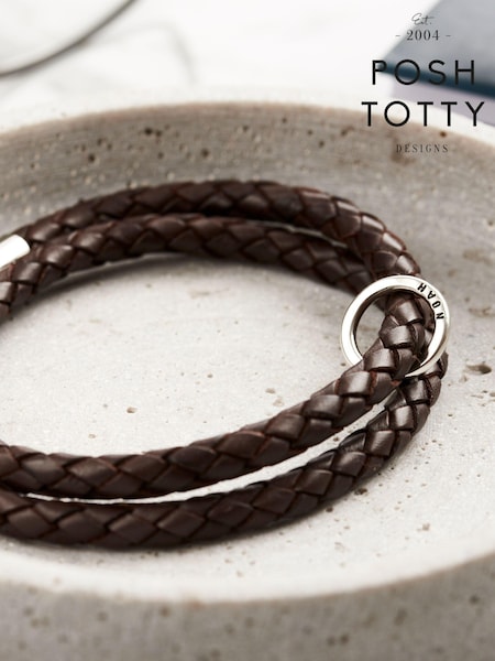 Personalised Mens Silver & Leather Message Bracelet by Posh Totty Designs (E61467) | £55