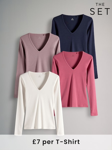 The Set Ink Blue/Rose Pink/Cream/Mauve Pink 4 Pack Ribbed V-Neck Long Sleeved T-Shirts (E61642) | £28