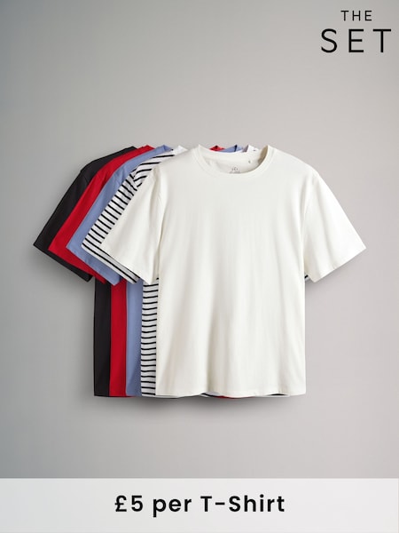 The Set Navy Blue/Blue/Red/Cream/Navy&White Stripe 5 Pack Relaxed Short Sleeve 100% Cotton T-Shirts (E61644) | £25