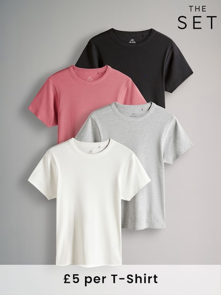 The Set Black/Rose Pink/Cream/Light Grey 4 Pack Ribbed Short Sleeve T-Shirts (E61649) | £20