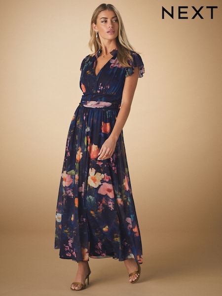 Navy Blue Floral Pleated Mesh Print V-Neck Occasion Midi Dress (E61988) | £69