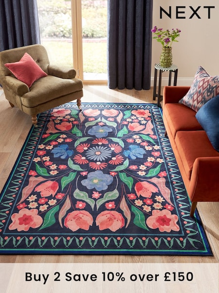 Blue Washable Bettie Floral Rug (E62096) | £30 - £150