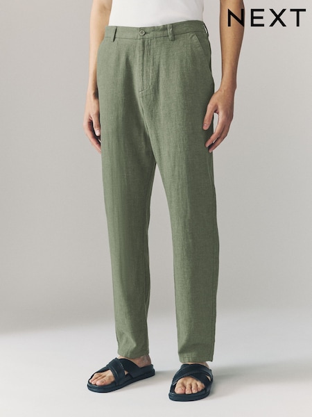 Khaki Green Elasticated Waist Textured Linen Blend Trousers (E62409) | £30