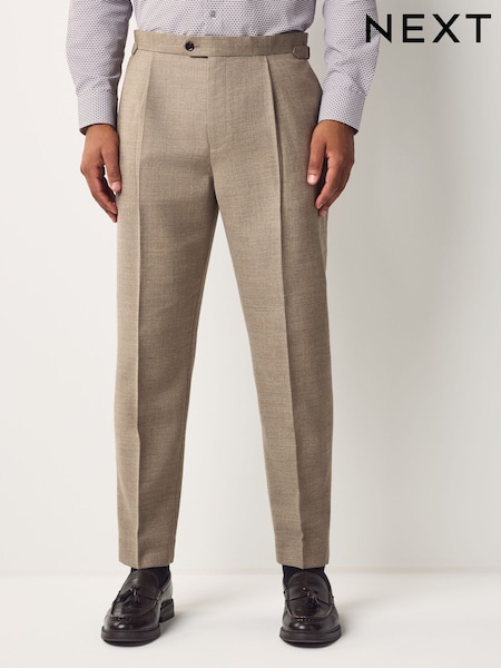 Neutral Regular Fit Smart Wool Blend Trousers With Linen and Functional Side Adjusters (E62418) | £69
