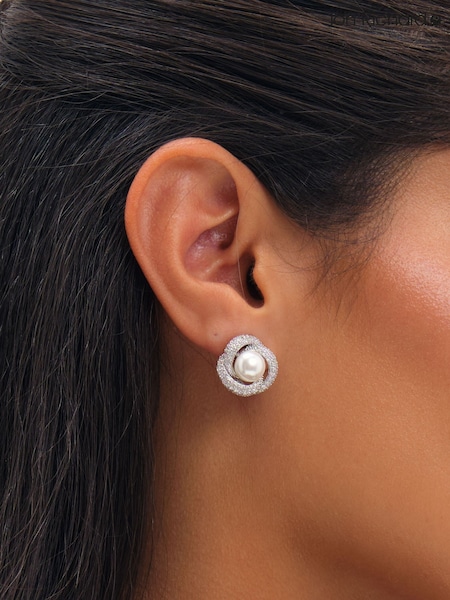 Silver - Jon Richard Rhodium Plated Pearl And Pave Knot Stud Earrings
