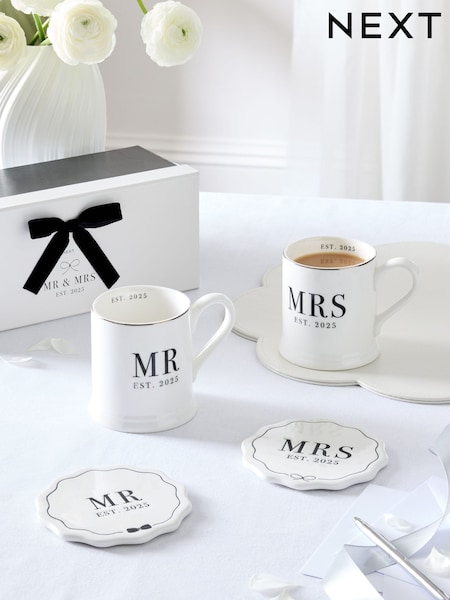 Black/White Mr and Mrs Est 2025 Wedding Mug and Coaster Set (E62497) | £20