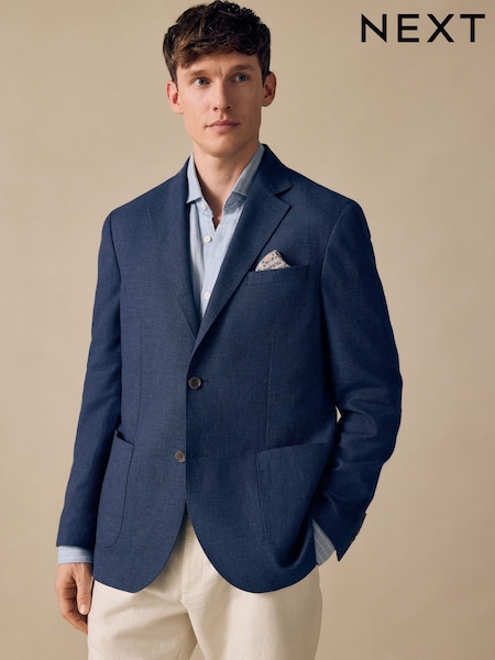 Navy Blue Regular Fit Textured Linen Blend Blazer (E62504) | £89