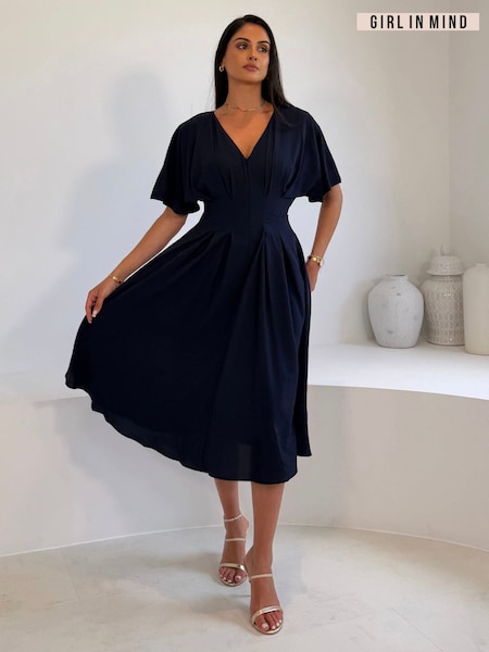Blue - Girl In Mind Laura V-neck Short Sleeve Flowy Navy Midi Dress