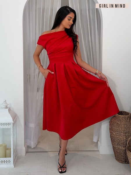 Red - Girl In Mind Betty Asymmetric Neckline Skater Midi Dress
