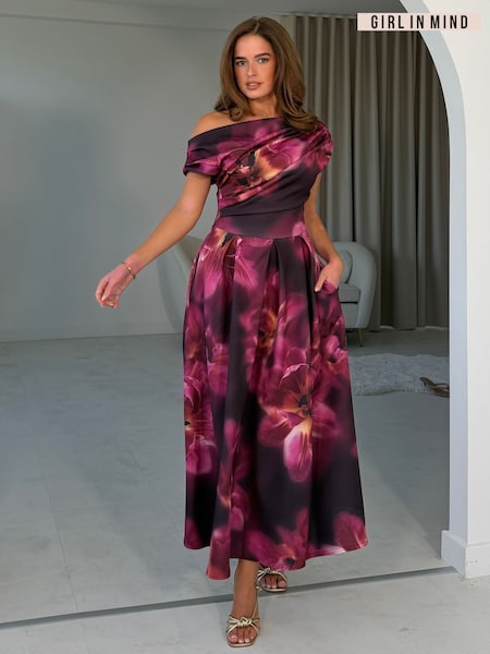 Purple - Girl In Mind Betty Asymmetric Neckline Floral Skater Midi Dress