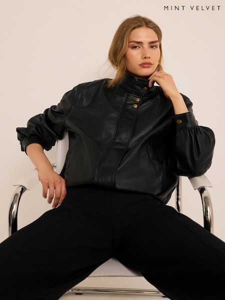 Black - Mint Velvet Funnel Neck Leather Jacket