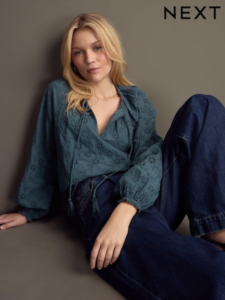 Blue Textured Floral Cornelli Embroidered Long Sleeve 100% Cotton Boho Blouse (E63060) | £42