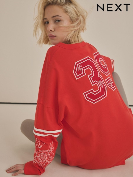 Red 100% Cotton Seam Detail Long Sleeve Skater T-Shirt (E63261) | £30