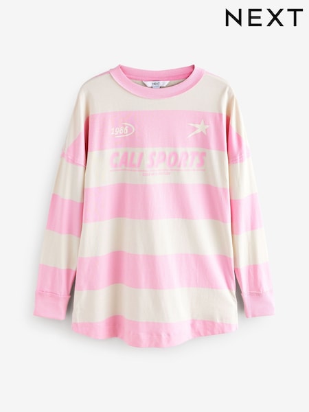 Pink Sporty Stripe Football-Inspired Long Sleeve 100% Cotton Top (E63264) | £28