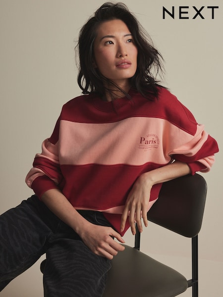 Burgundy Red/Pink Relaxed Fit Heavyweight Graphic Paris Slogan Stripe Sweatshirt (E63325) | £30