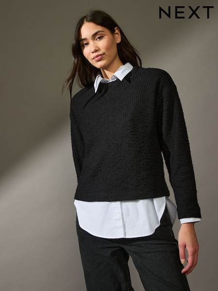 Black Textured Boucle Heavyweight Crew Neck Jumper (E63327) | £40