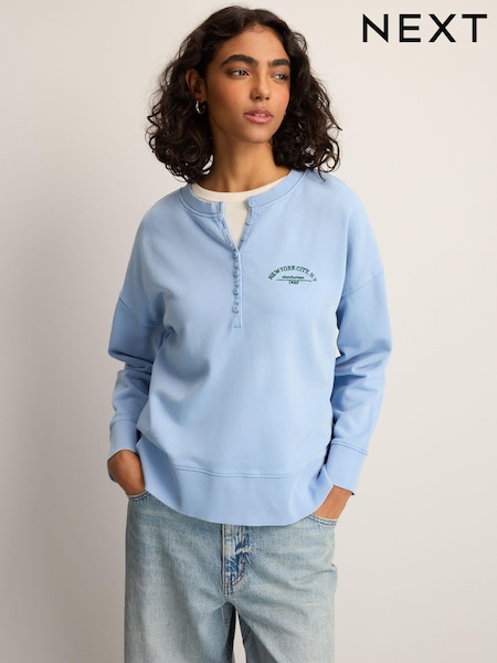 Light Blue Washed Henley Button Collar Long Sleeve Graphic 100% Cotton Sweatshirt (E63335) | £38