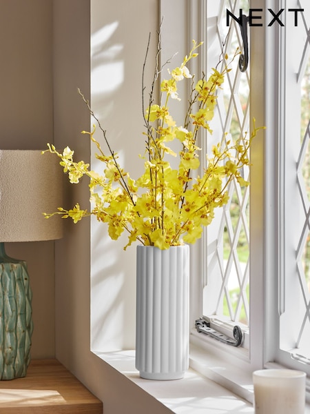 Yellow Artificial Orchid and Twig Arrangment In Tall Ceramic Vase (E63451) | £0