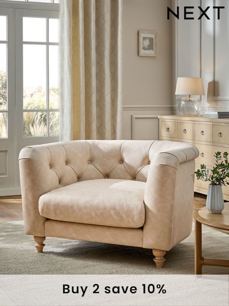 Arona Faux Leather Natural Barber Buttoned Arm Chair (E63502) | £475