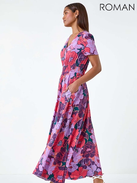Roman Purple Floral Print Button Detail Maxi Dress (E63516) | £50