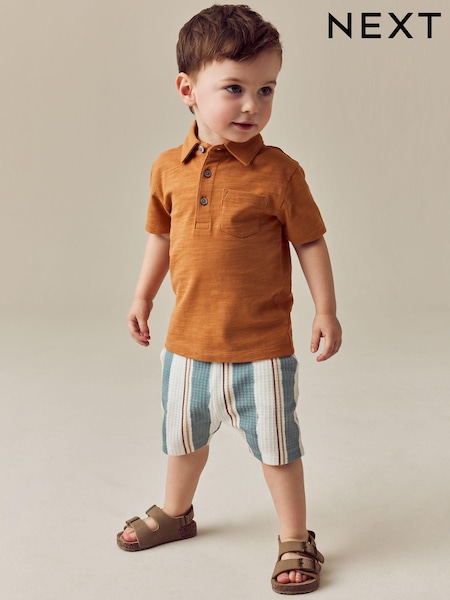 Rust Brown Short Sleeve Polo Shirt & Stripe Shorts Set (3mths-7yrs) (E63597) | £12 - £16