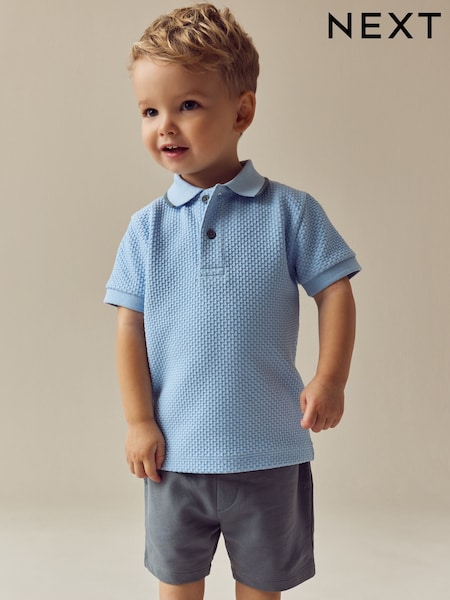 Blue/Navy Short Sleeve Textured Polo Shirt and Shorts Set (3mths-7yrs) (E63608) | £12 - £16