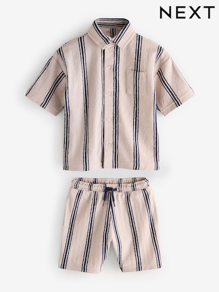 Neutral Striped Short Sleeve Shirt & Shorts Set (3mths-7yrs) (E63733) | £15 - £19